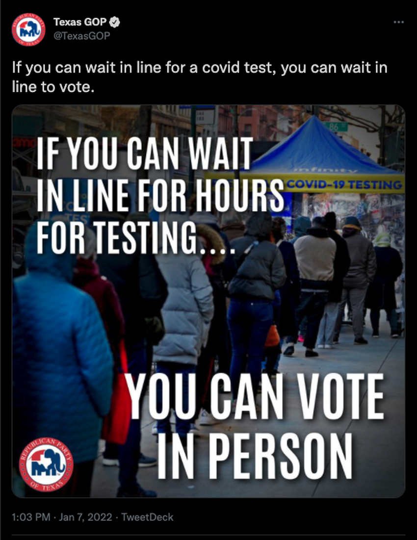 A Republican Party of Texas tweet compared people waiting in line to be tested for COVID-19 to waiting in line to vote. The …